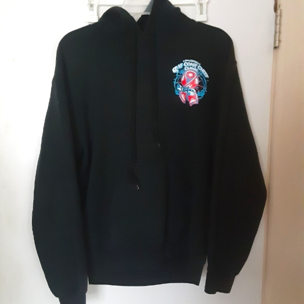 Black, pink, and blue graphic hoodie
